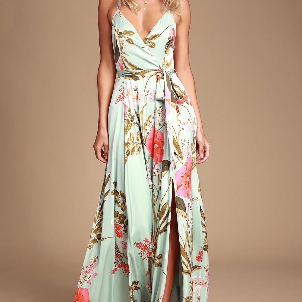 Lulu's Still the One Sage Green Floral Print Satin Maxi Dress (Tags still on!)